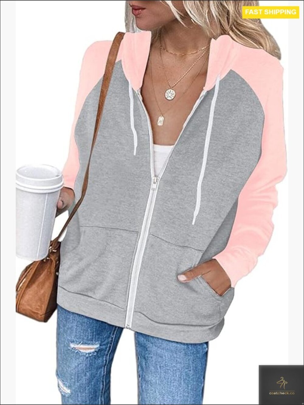 Casual Color Block Zip Up Hooded Sweatshirt Lightweight Jacket with Pockets
